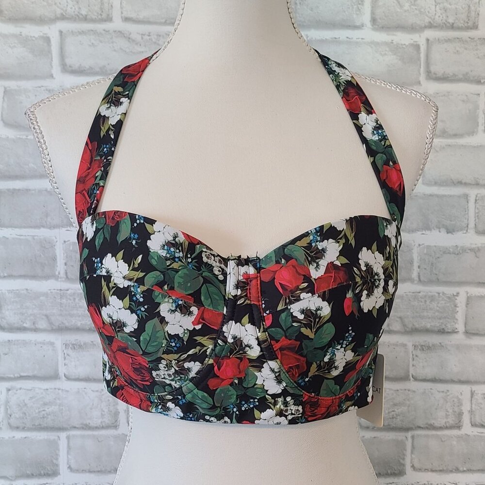 Cherry Cat Red Floral Bikini Top Retro Pinup Plus Size 2XL NEW Swim Beach